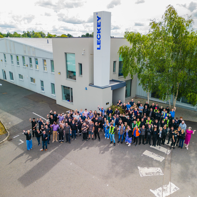 Image of the Firefly team outside of the parent company Leckey offices