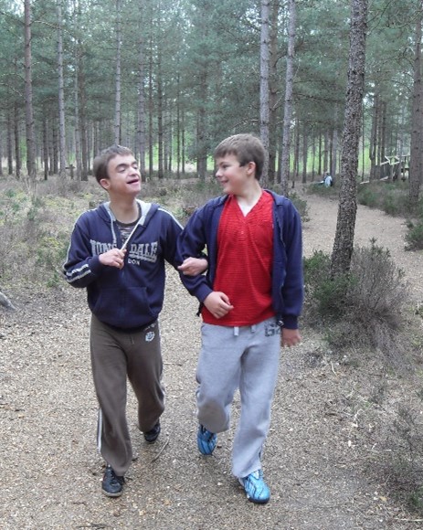 Two brothers link arms as they happily walk through the forest